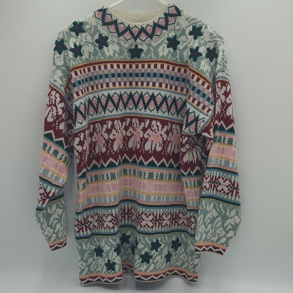 Middlebrook Park Vintage 90s Knit Sweater Floral Fair Isle Grandmacore Small